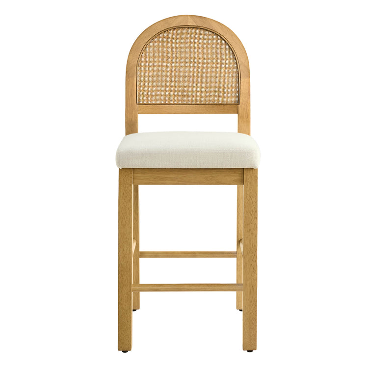 Abigail Rattan Curved Counter Stool with Performance Fabric features a woven backrest and cushioned seat, ideal for modern decor.