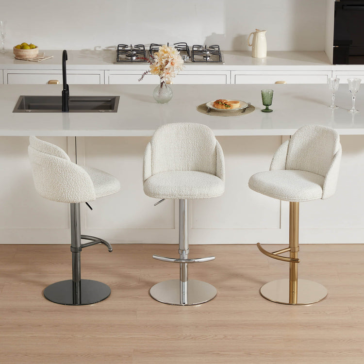 Blythe Bar Stools, boucle fabric, modern design, stainless steel/gold base, adjustable height, swivel.