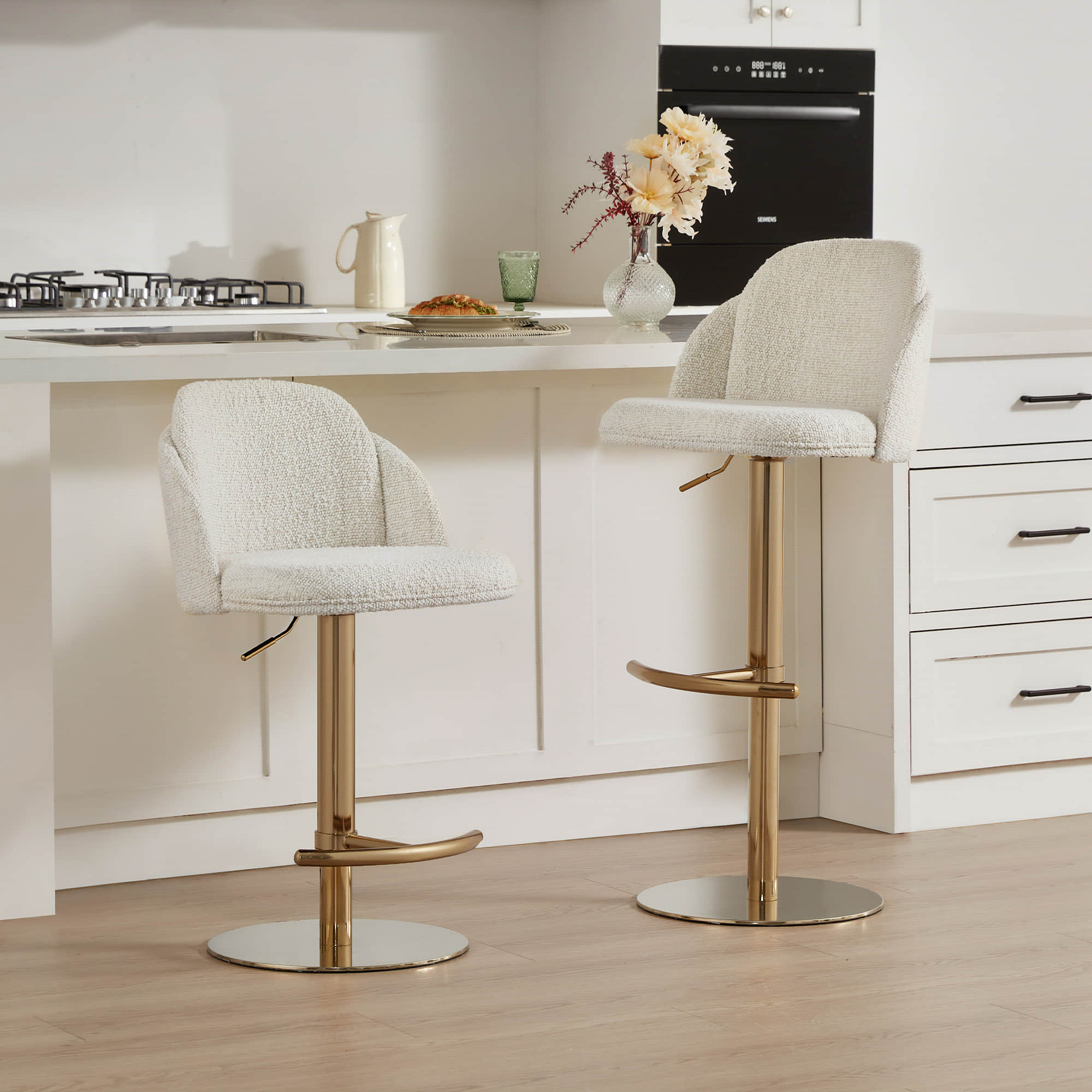 CHITA LIVING Blythe bar stools, boucle fabric upholstered, gold base, modern kitchen decor, adjustable height swivel stools.