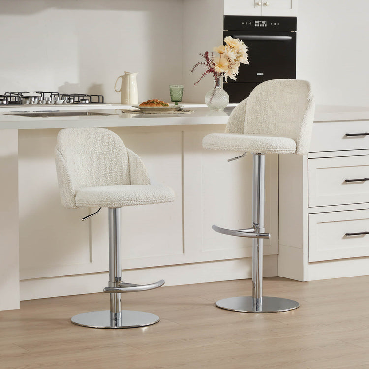 CHITA LIVING Blythe bar stools, white boucle fabric and chrome base. Modern kitchen bar furniture, adjustable height.