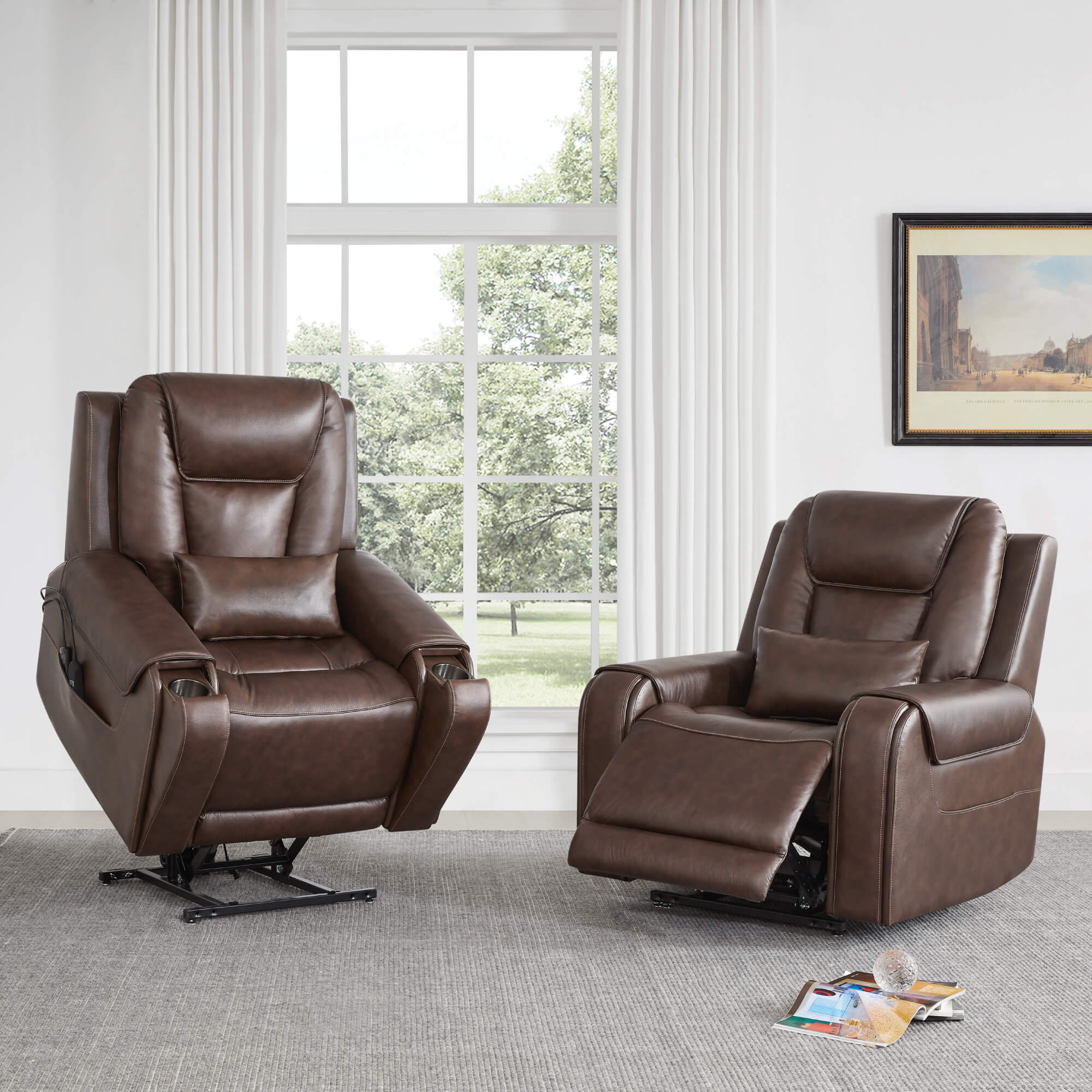 Brown Davin Power Lift Recliner in living room with large windows and natural light - CHITA Living