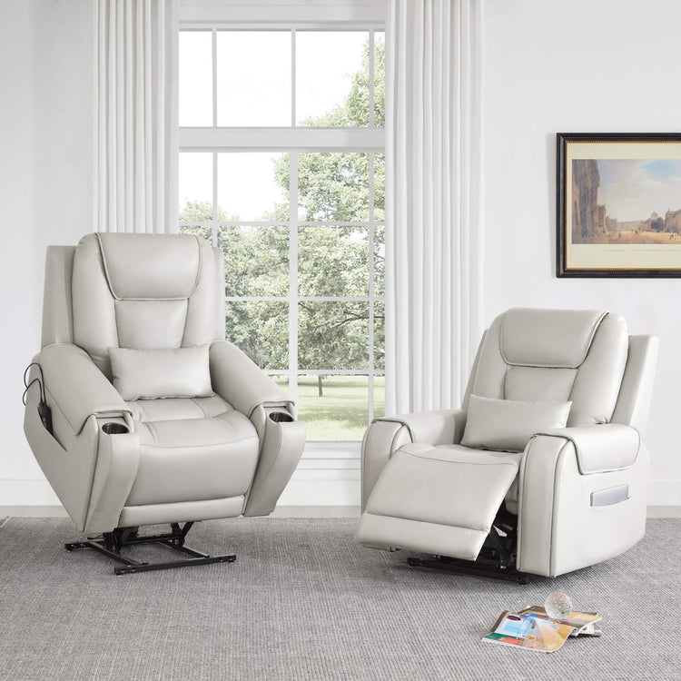 Davin Power Lift Recliners in light gray leather, one reclined in a sunlit living room - CHITA Living
