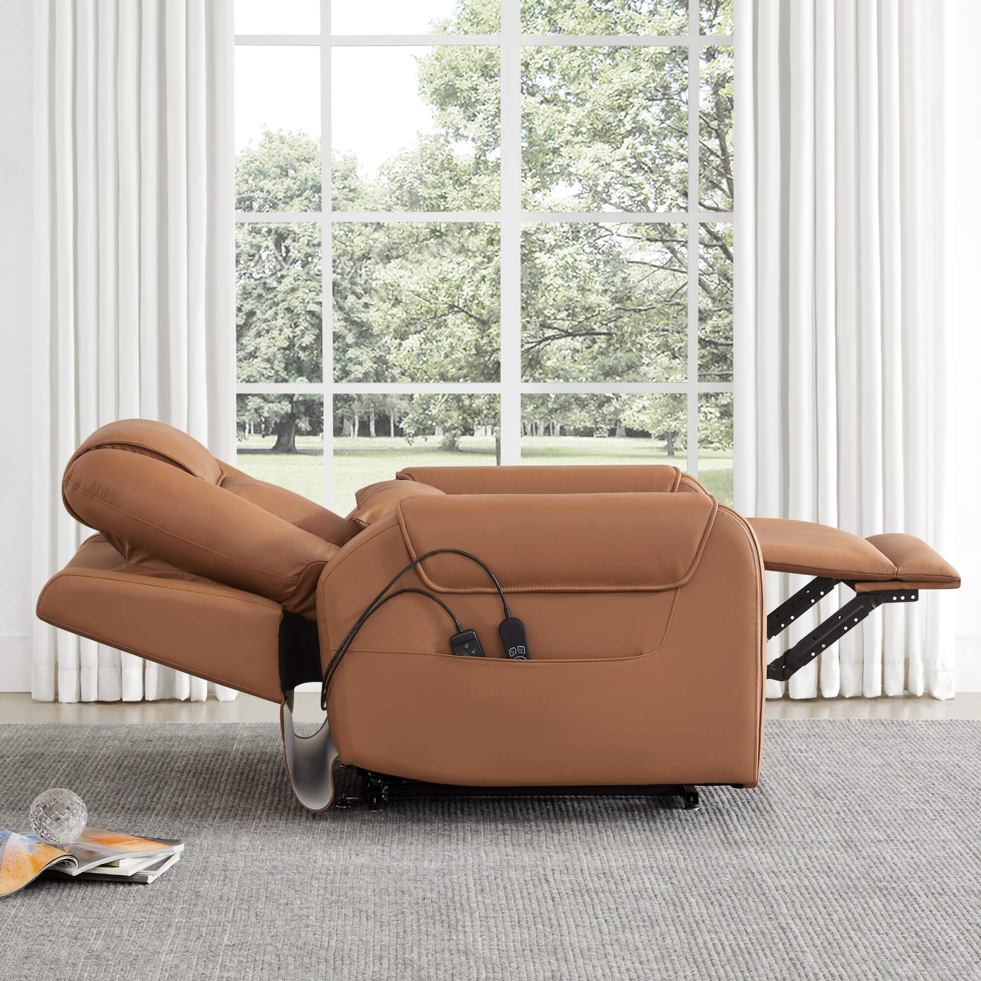 Davin Power Lift Recliner in brown leather, adjustable position in a bright room - CHITA Living