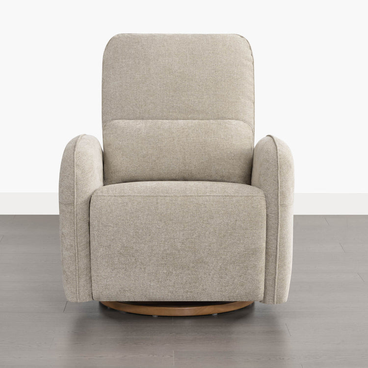 A beige Power Swivel Nursery Glider Recliner with a wooden base sits upright, featuring soft fabric and comfortable armrests.