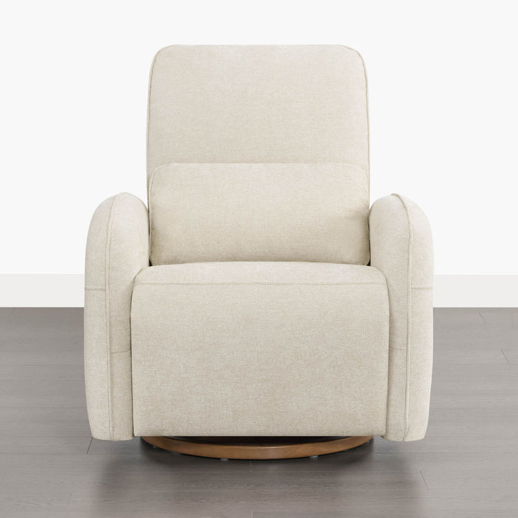 A beige Power Swivel Nursery Glider Recliner stands on a wooden base, offering comfort with its rounded armrests and plush fabric.
