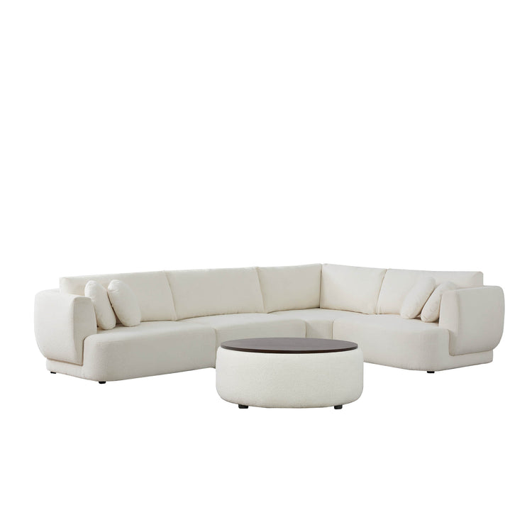 Grace modular curved sofa in light boucle fabric with round walnut-top ottoman in modern living room - CHITA Living
