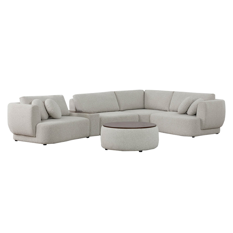 Grace 4-Seat modular curved sofa in light boucle fabric with walnut-top ottoman in modern living room - CHITA Living