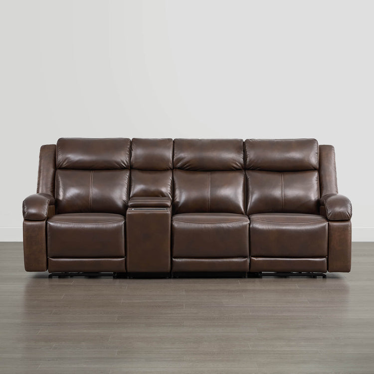 Brown leather Isaac power reclining sofa with console and cup holder. Modern and comfortable furniture.