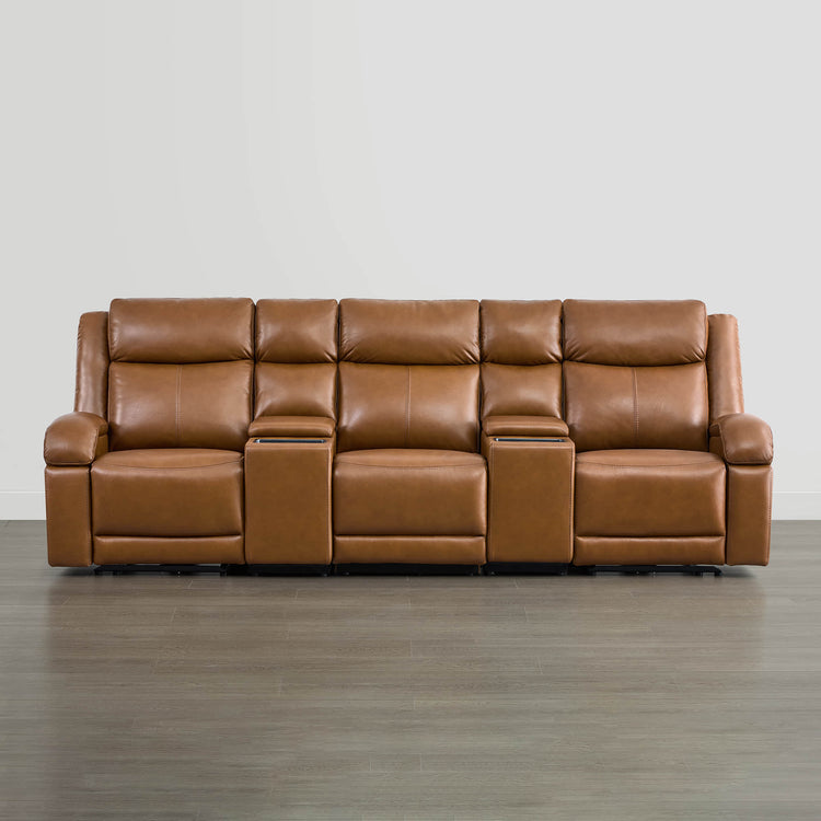 Brown leather Isaac power reclining sofa with console, cup holders, and power headrest. Modern furniture.