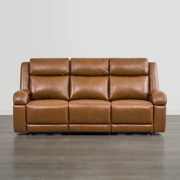 Brown leather Isaac power reclining sofa with power headrest. Modern living room furniture
