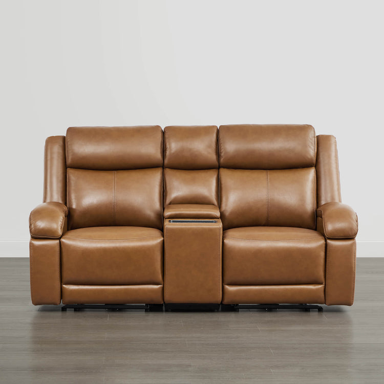 Brown leather Isaac power reclining sofa with power headrest and console. Modern CHITA LIVING furniture.