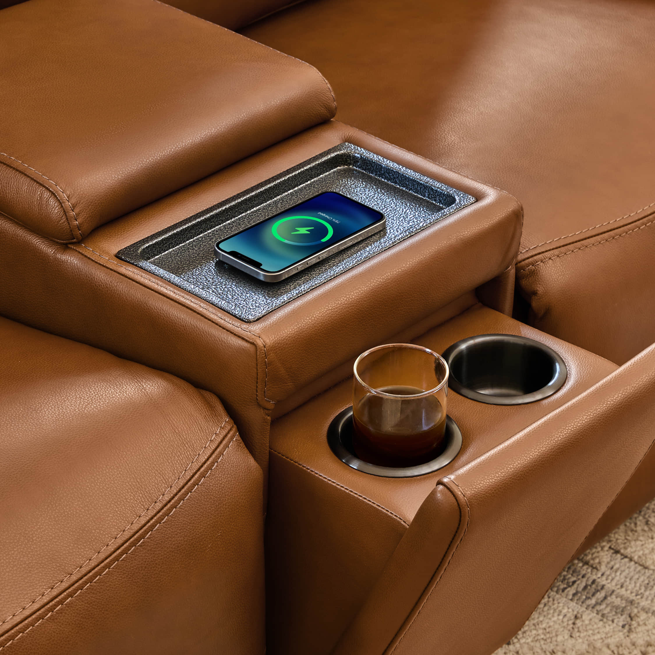 Brown leather Isaac Power Multi-Function Storage Console with built-in wireless charging and cup holder, phone charging.