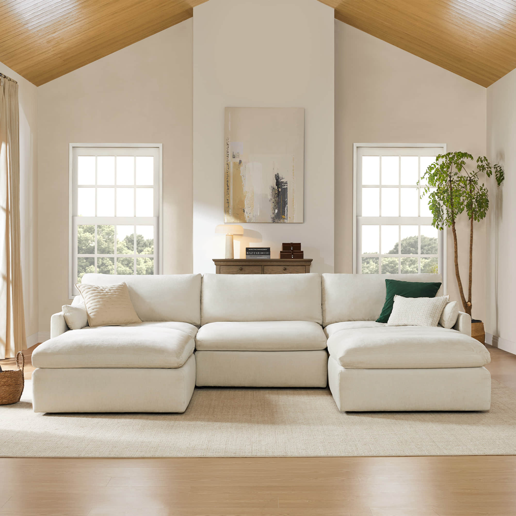 Kenna Modular 5 Seat Sofa-Chaise Sectional in beige, a comfortable and stylish seating option for any living room.