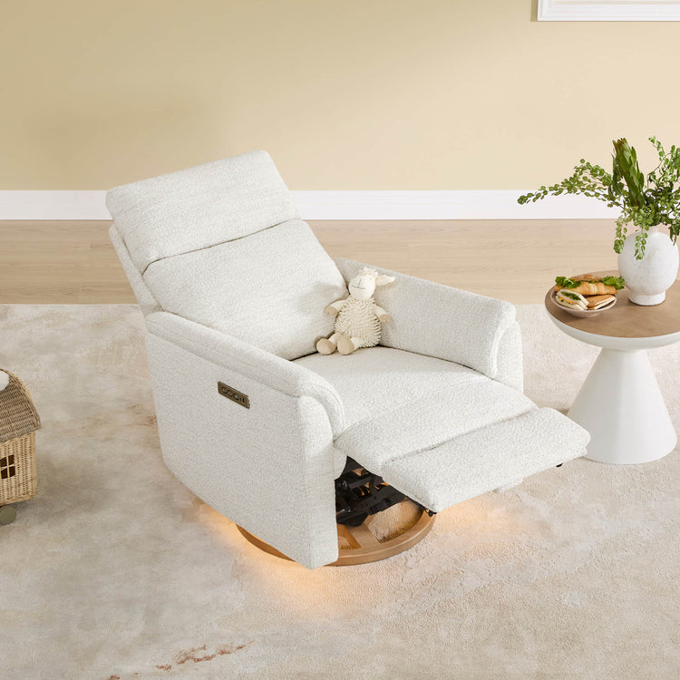 Cream Lulla Power Swivel Nursery Glider Recliner with Power Headrest, USB ports and nightlight.