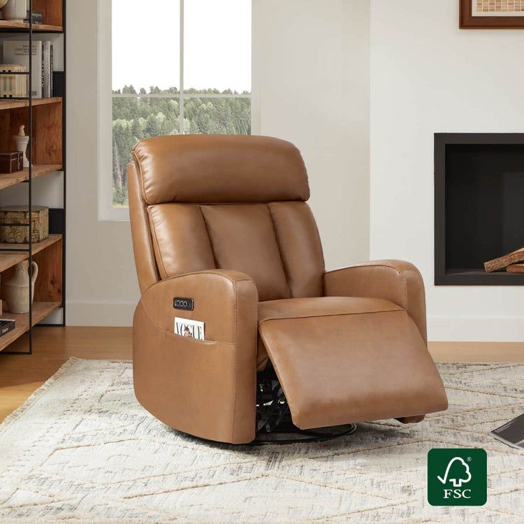 Maxwell Genuine Leather Swivel Glider Recliner with Power Lumbar & Headrest