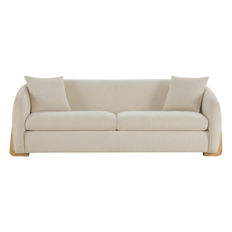 Front view of a modern cream sofa with a minimalist design, featuring two cushions and wooden legs.