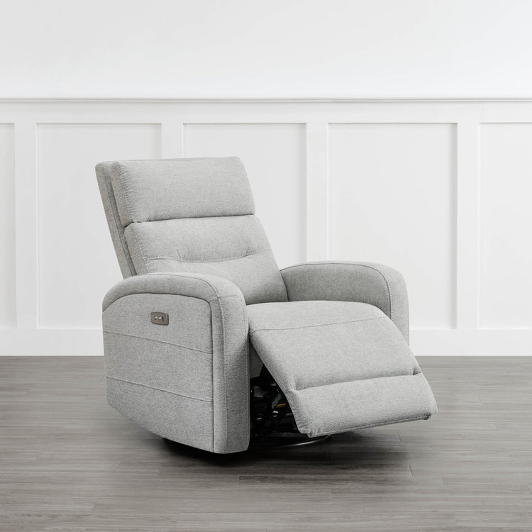 Light gray Theo Power Swivel Glider Recliner with plush fabric and extended footrest - CHITA Living