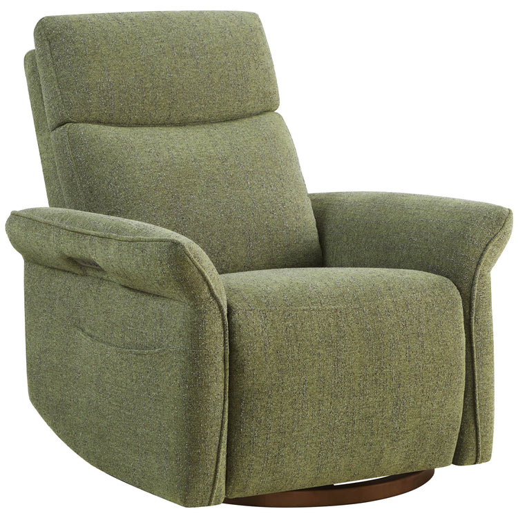 Three-quarter view of green power recliner with plush padded armrests.