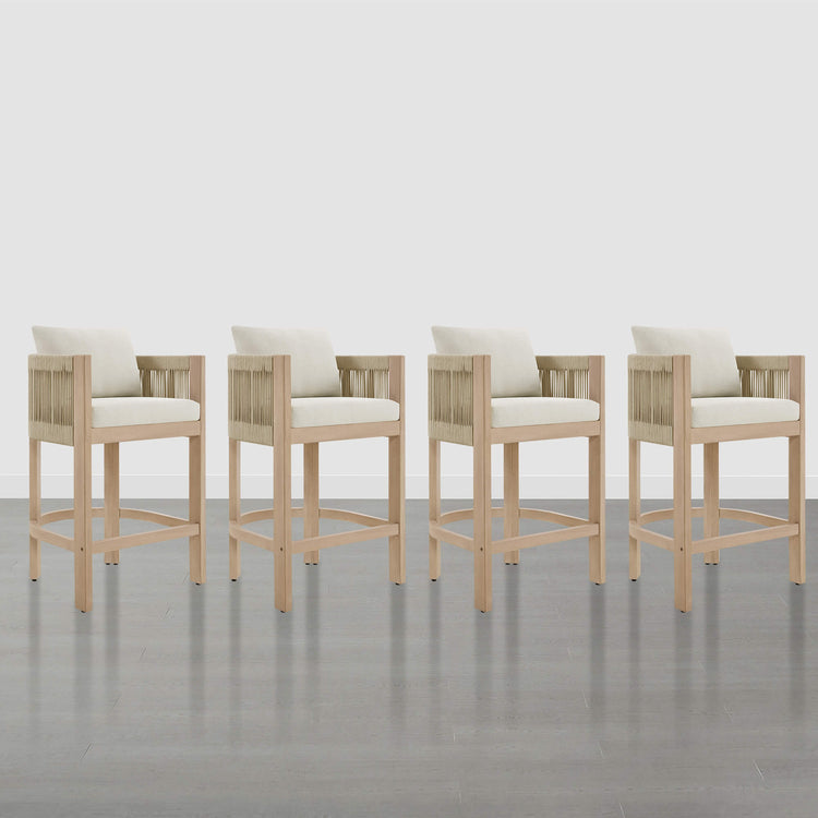 Clover Boho counter stools, acacia wood frame with woven rope and cream cushions for stylish, versatile design.