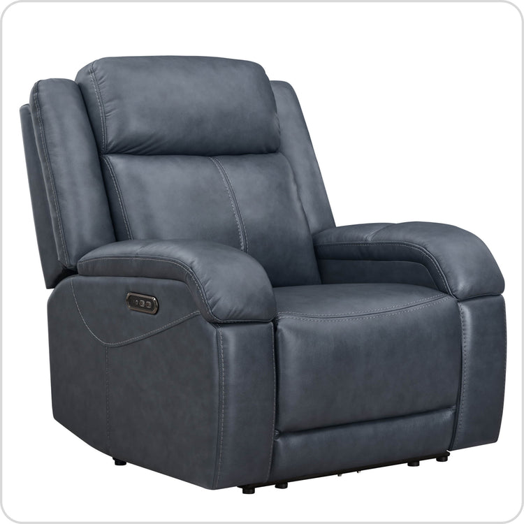 A dark gray leather recliner with a control panel on the armrest.