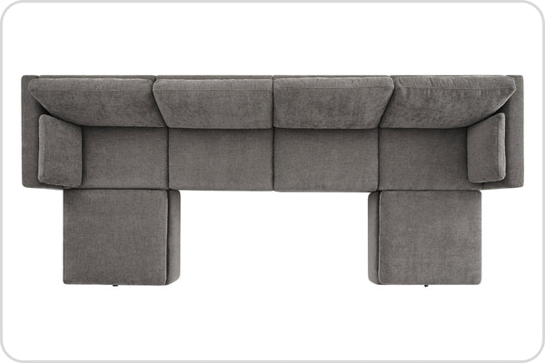 A gray U-shaped sectional sofa with plush cushions and black legs.