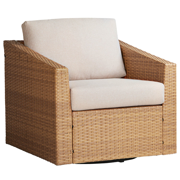 Calum Rattan Outdoor Swivel Chair with cream cushion, perfect for stylish outdoor seating - CHITA Living