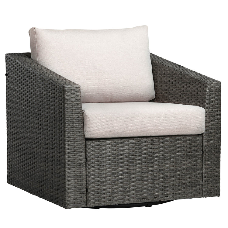 Calum Rattan Swivel Accent Chair with cream cushion, perfect for outdoor gatherings - CHITA Living