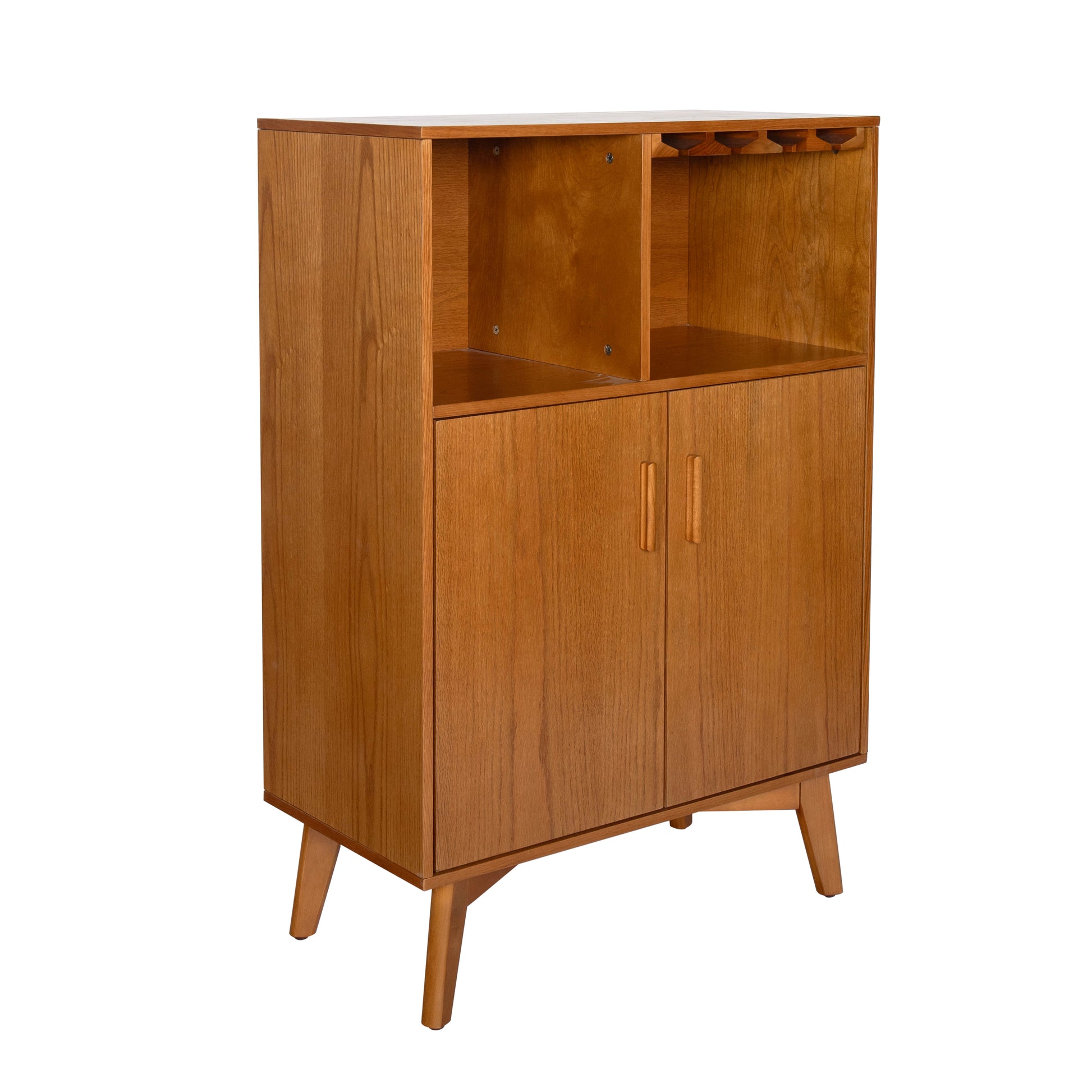 Mid-century modern oak wine cabinet with glass holder and wine rack, stylish storage for home bar