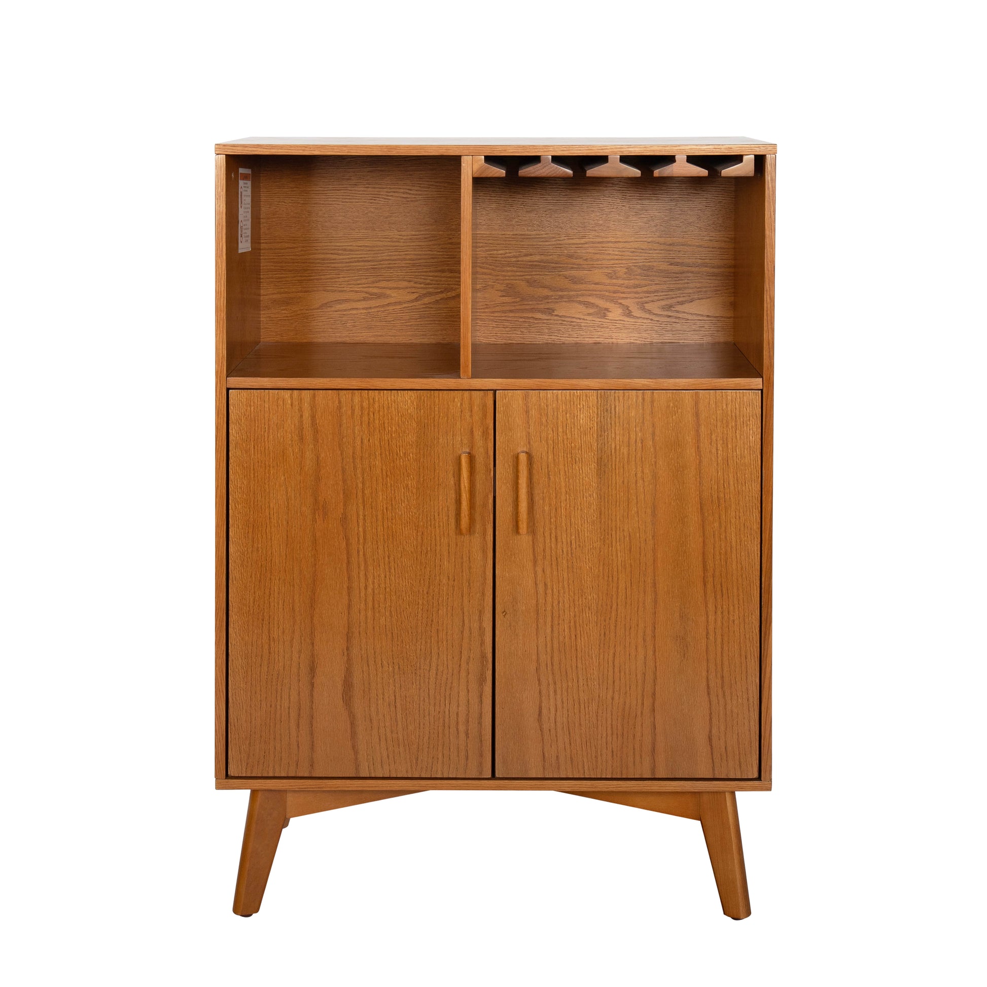 Mid-century oak wine cabinet with glass holder and wine rack. Modern wine storage furniture for home bar.