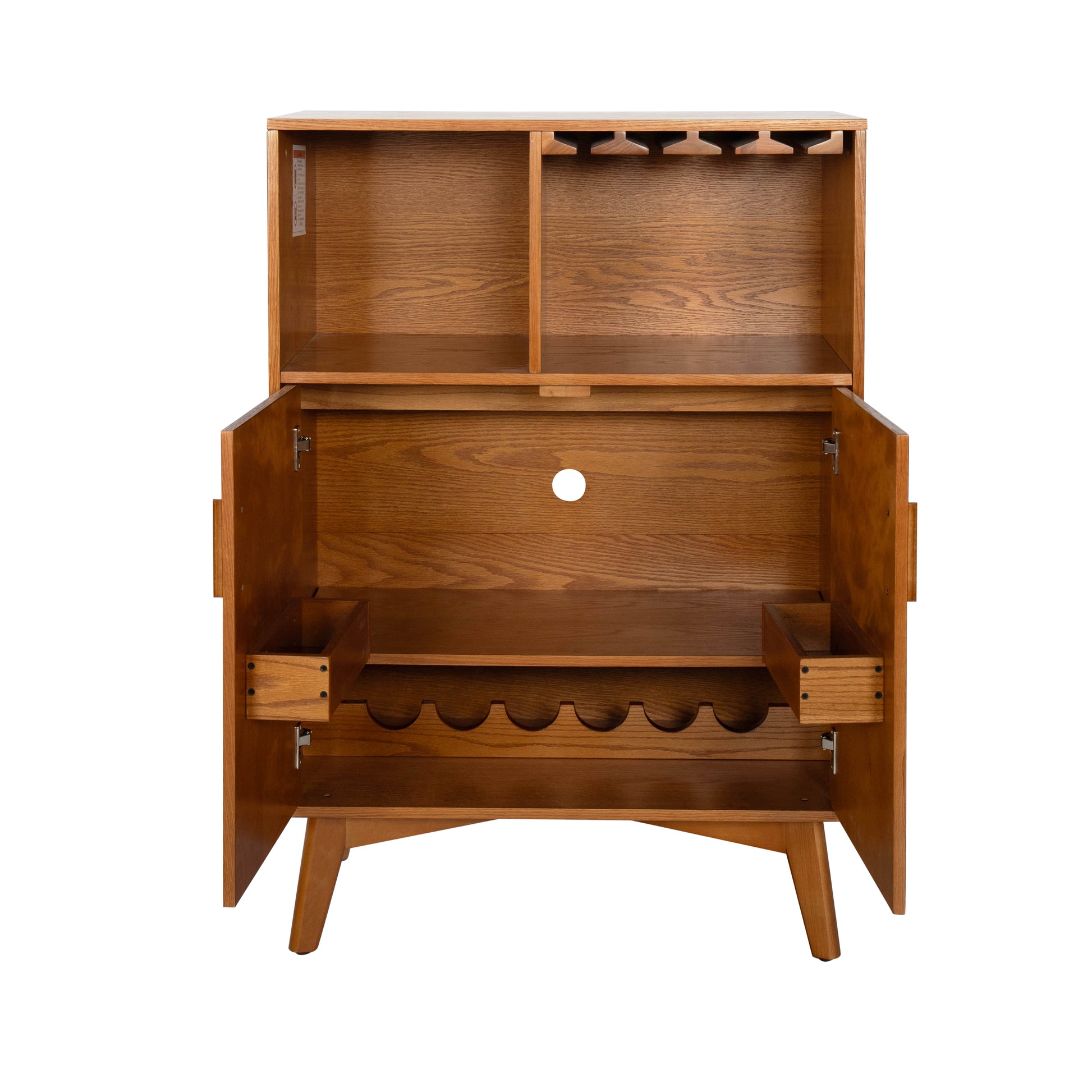 Mid-century modern oak wine cabinet with wine glass holder and wine rack, stylish storage for home bar.