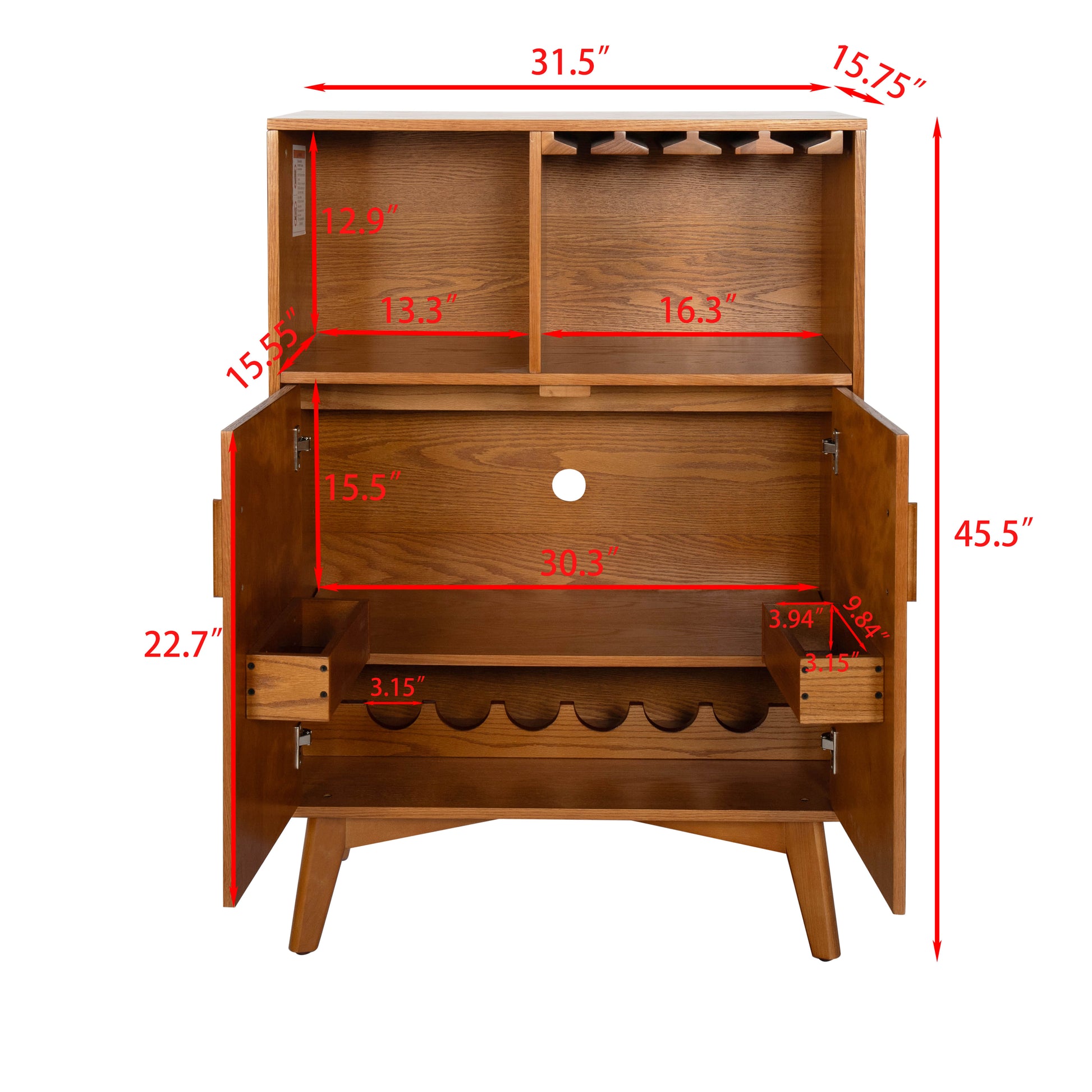 Oak wine cabinet with dimensions: 45.5" tall, 31.5" wide. Modern wine storage for home bar.