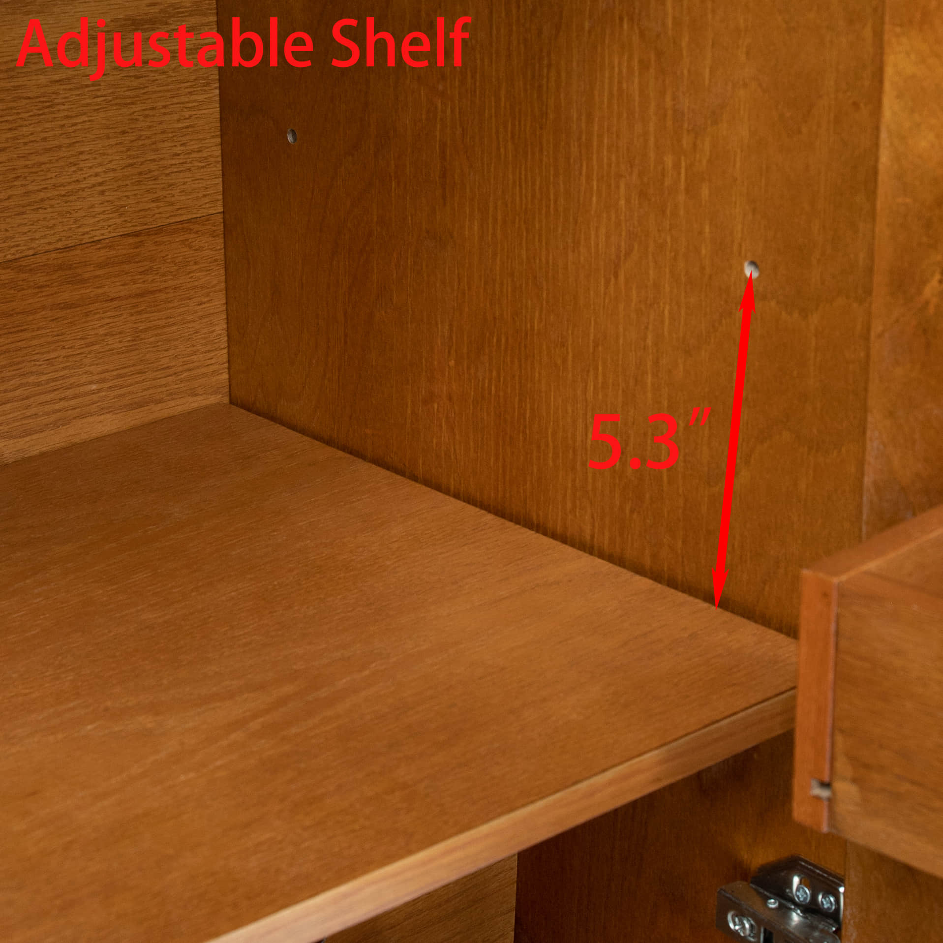 Mid-century oak wine cabinet adjustable shelf detail, 5.3 inches, stylish storage