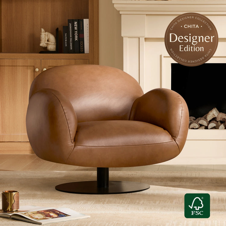Cloud Puffy Genuine Leather Swivel Accent Chair