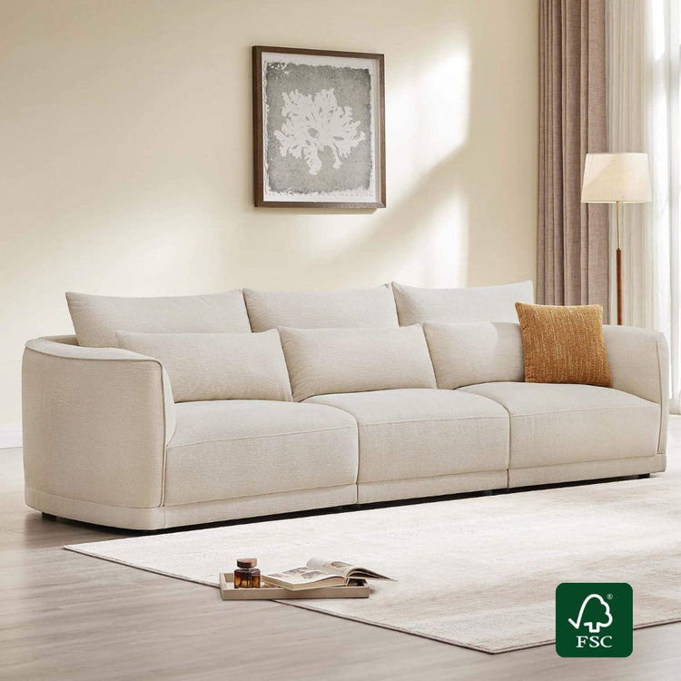 Daisy 3-seat modular curved chenille sofa in linen with down-filled cushions and FSC certified frame.