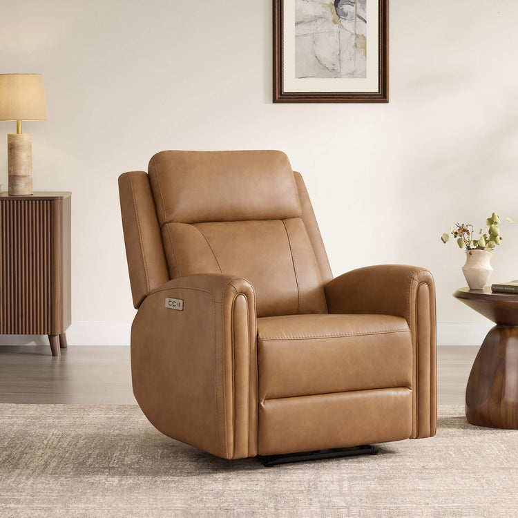 Brown leather Hadley modern zero wall-hugger power recliner in a living room.