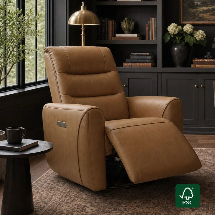 Ineke Genuine Leather Swivel Glider Power Recliner with Power Headrest