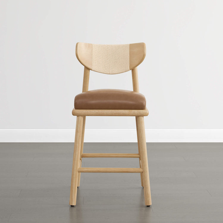 Jody modern counter stool with woven rope back and saddle brown faux leather seat.