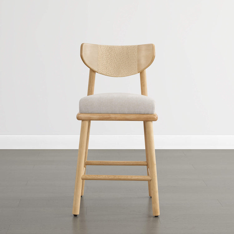Jody Modern Woven Rope Counter Stool with natural wood frame and linen fabric seat.