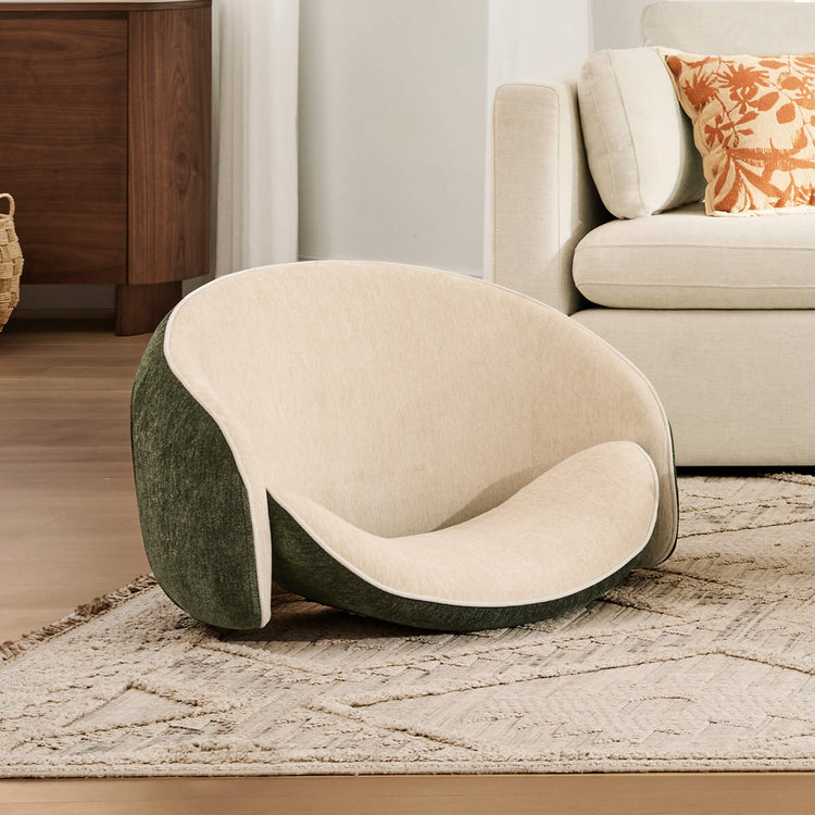 Sharely Transformable Pet-Friendly Floor Chair in green and linen, featuring a curved design for shared comfort with pets.
