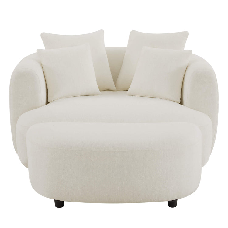 Zenith round soft-touch swivel armchair in cream with four loose cushions and ottoman