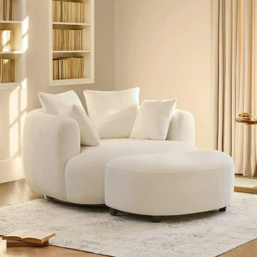 White rounded swivel chair with a matching ottoman in a sunlit reading nook