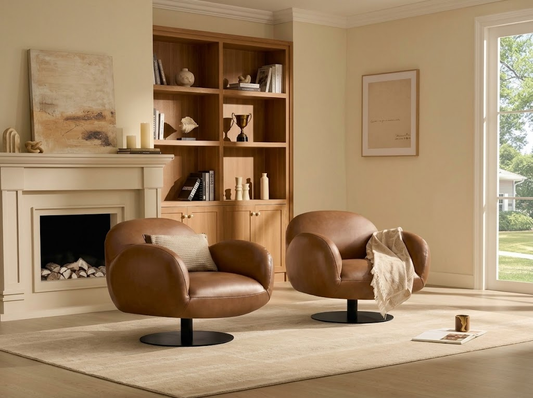 Two cognac leather swivel accent chairs with rounded cloud-like forms on black pedestal bases, placed on a cream rug in a warm living room with a fireplace and built-in wooden bookshelves.