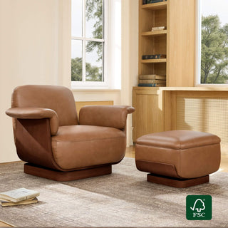 Brown leather swivel chair with a matching storage ottoman in a modern living room.