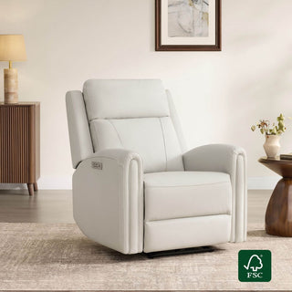 Hadley Modern Zero Wall-hugger Power Recliner - Hadley Modern Zero Wall-hugger Power Recliner in cream faux leather, with 'CC11' logo and FSC certification.