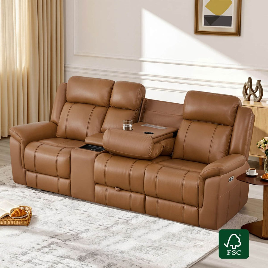 Grady Genuine Leather Power Reclining Sofa with Flip-Down Tabletop - Grady genuine leather power reclining sofa in saddle brown with flip-down tabletop, cup holders, and USB ports.