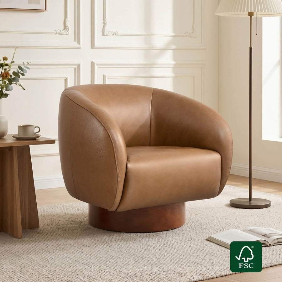 Maverick genuine leather sculptural wood base accent chair