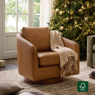 Saddle leather swivel accent chair with a throw blanket in a living room