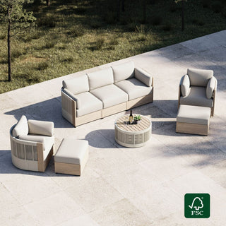Hero image for an article about covered patio layout ideas, showing a conversation-focused outdoor seating setup.