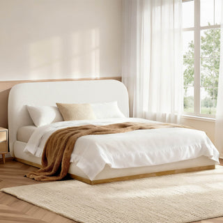 Kelda Contemporary Upholstered Platform Bed - Kelda contemporary upholstered platform bed in white bouclé with rounded headboard and wood base.