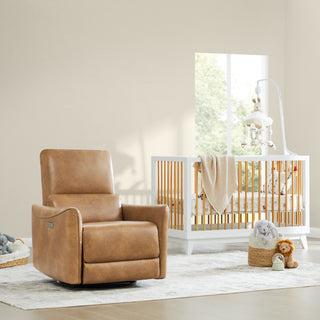 Tracee Power Swivel Nursery Glider Recliner - CHITA LIVING-Tracee Power Swivel Nursery Recliner With Type-C Charge-Recliners-Faux Leather-Saddle Brown-
